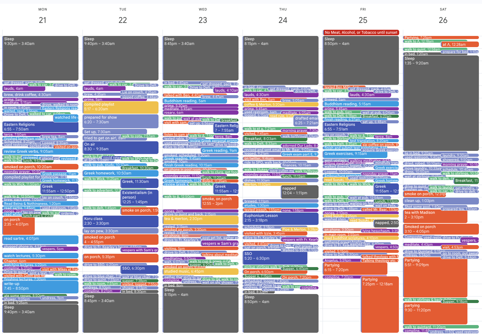 A densely packed Google Calendar week from college